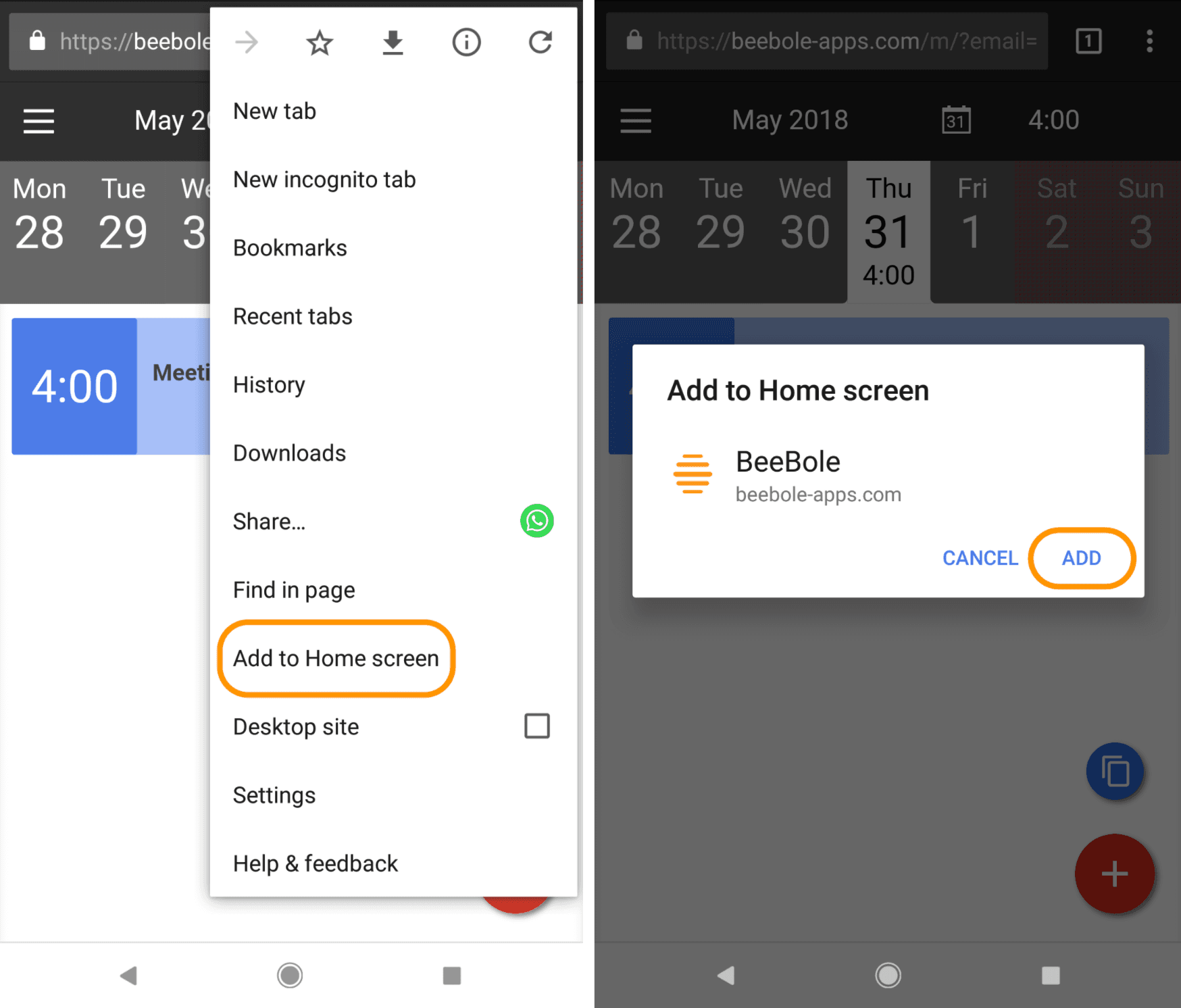 Add Beebole's mobile app to your home screen on Android